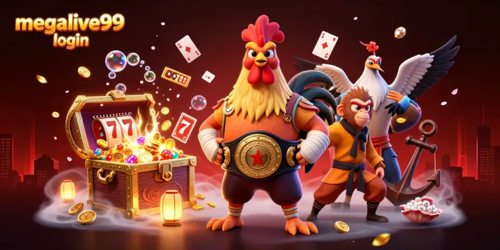 Tampilkan megalive99 login dengan ilustrasi karakter judi yang menarik dan elemen slot progresif