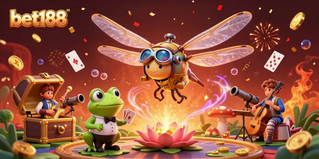 Experience thrilling gambling with bet188 in a vibrant 3D scene featuring a dragonfly pilot, frog dealer, and lively jazz band.