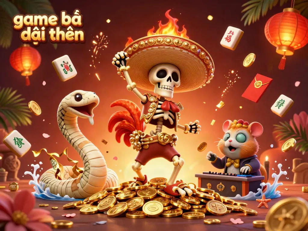 Experience the thrill of game bài đổi thưởng with a festive scene featuring a mariachi rooster and friends celebrating around golden coins.
