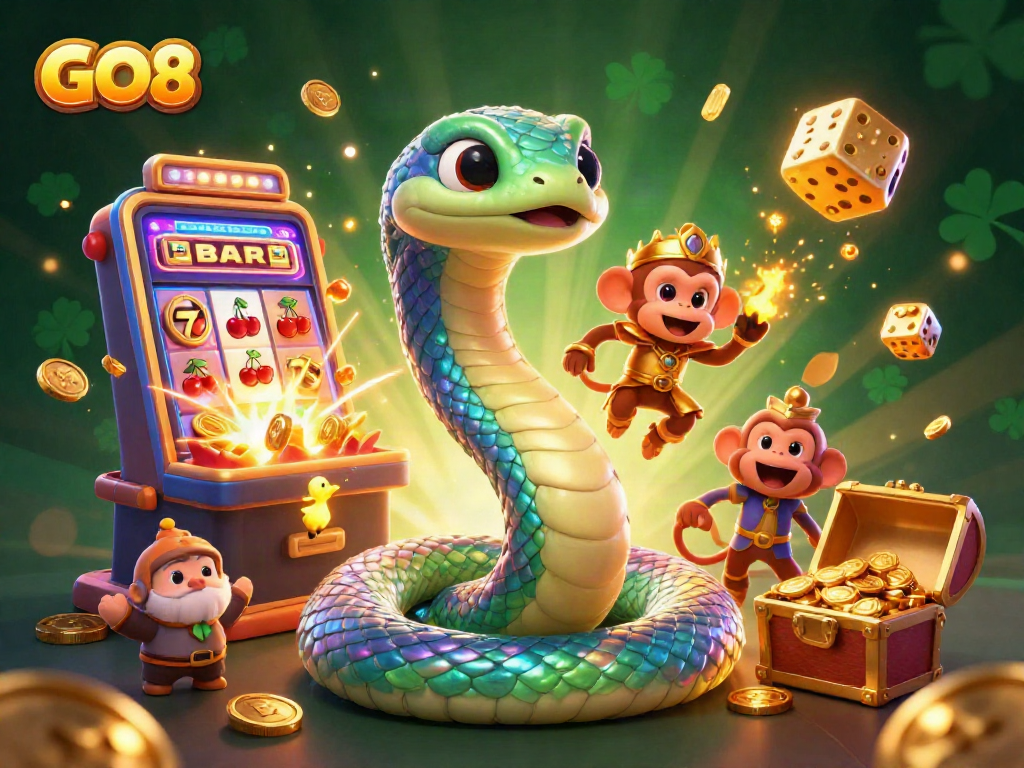 Experience GO8 with a vibrant and energetic scene featuring a rainbow serpent and playful monkey king amidst a jackpot explosion.