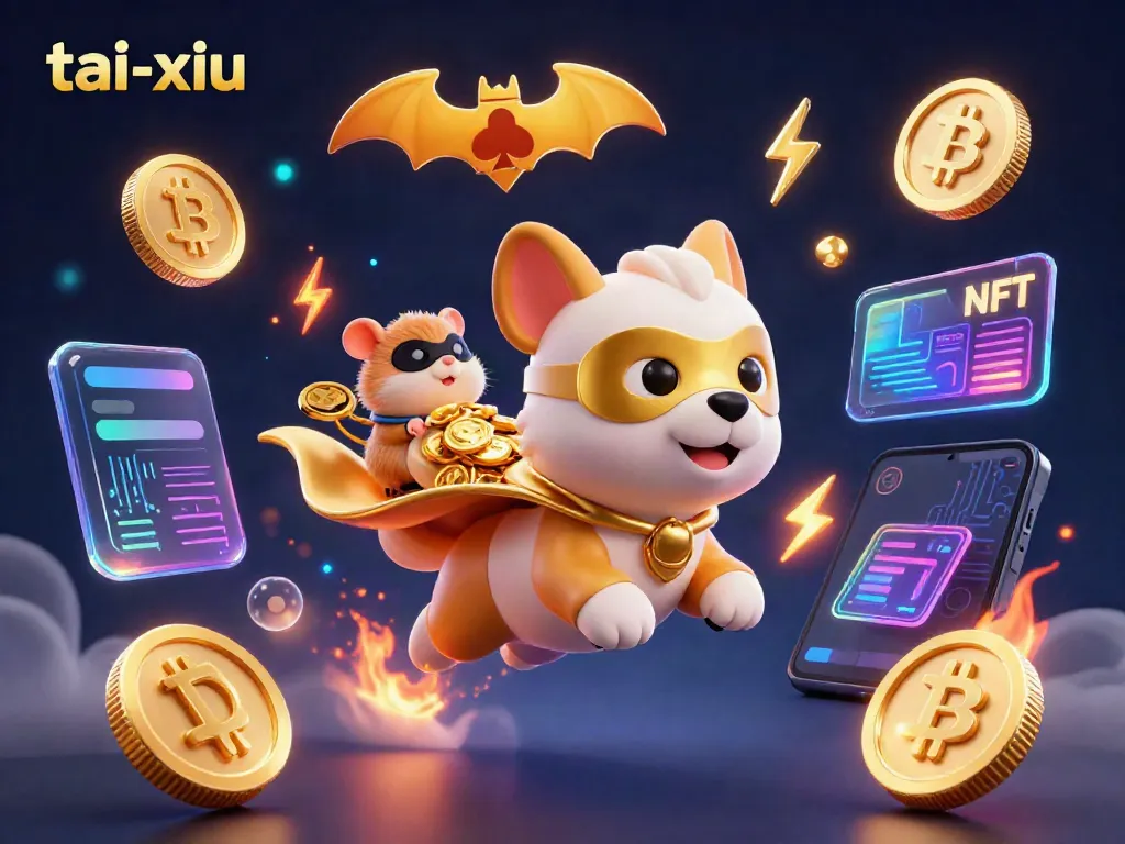 Engage in tai-xiu action with a 3D superhero dog and hamster amidst vibrant casino elements.