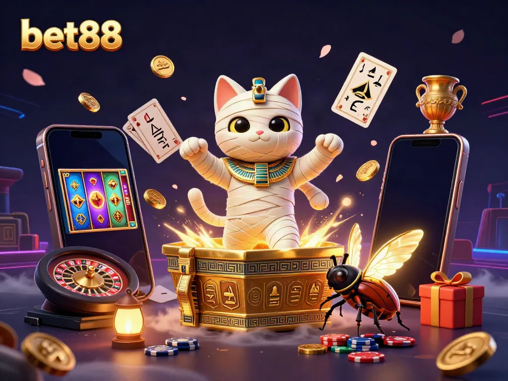 Engage in thrilling action with bet88 in a vibrant 3D casino scene featuring an Egyptian mummy cat and glowing scarab.