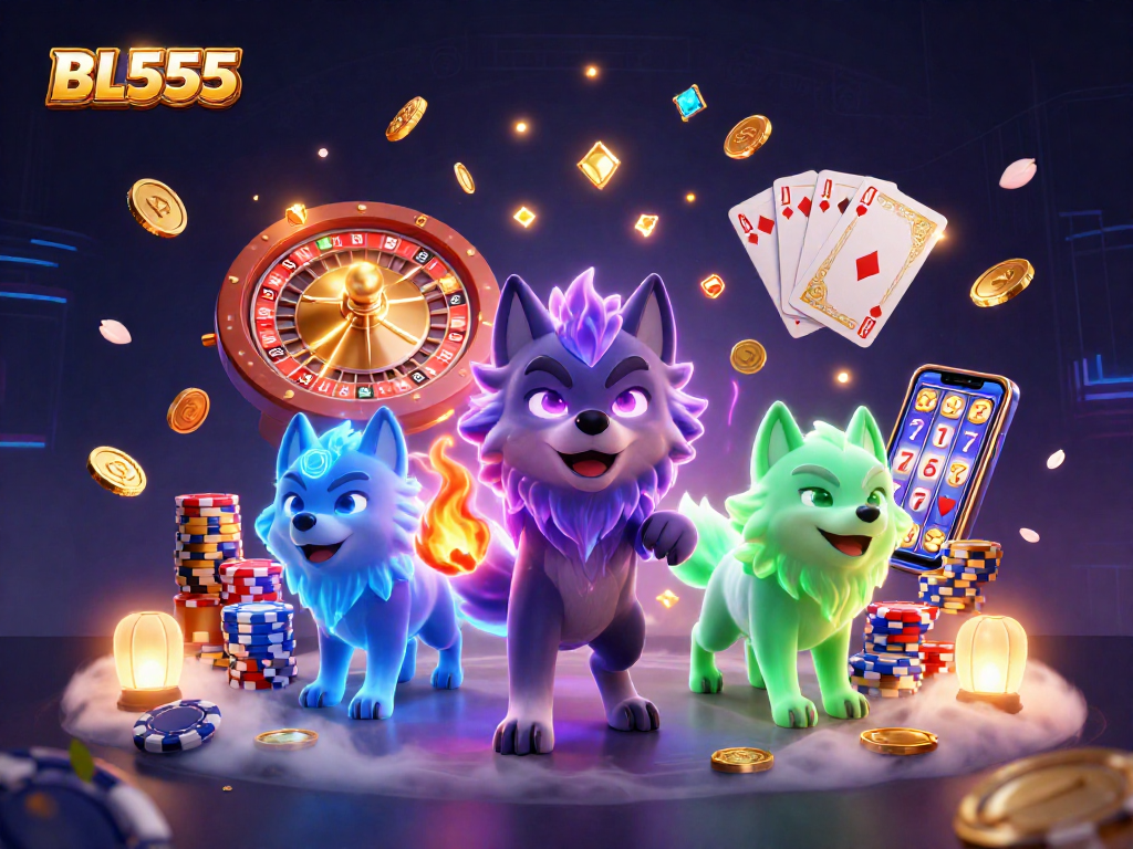 Experience thrilling wins at BL555 with a vibrant 3D illustration of casino elements and ghostly wolves.