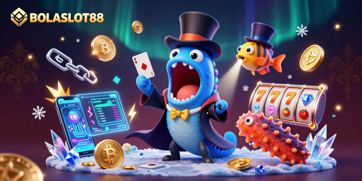 BOLASLOT88 showcases a magical casino scene with a bioluminescent eel performing tricks amid crypto elements.
