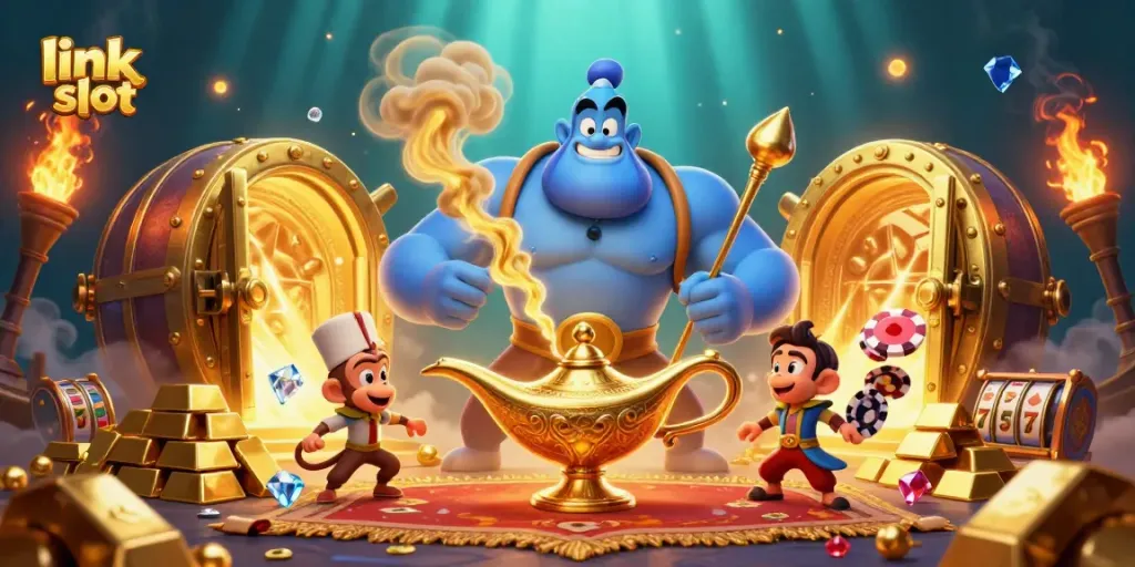 Spin the exciting link slot with a magical genie, golden treasures, and jackpot symbols!