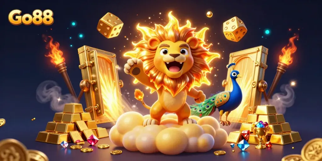 Experience the thrilling world of Go88 with a vibrant casino adventure illustration filled with treasures.