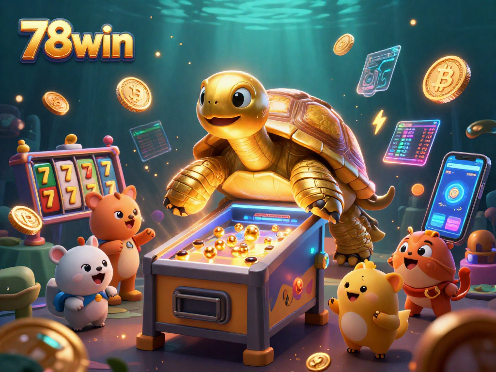 Experience the excitement of gaming at 78win with vibrant slot machines and golden tortoises in a colorful casino scene.