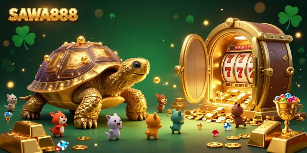 Experience thrilling gaming fun at SAWA888, featuring a cartoon tortoise as a pinball machine in a sparkling treasure vault.