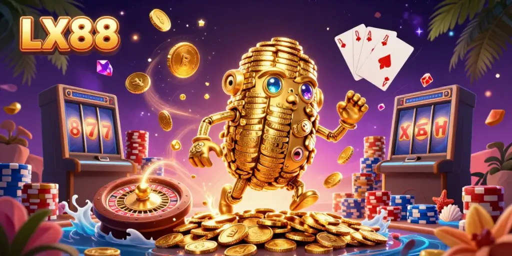 Experience thrilling gameplay with LX88's vibrant golden golem amidst cascading coins and casino elements.