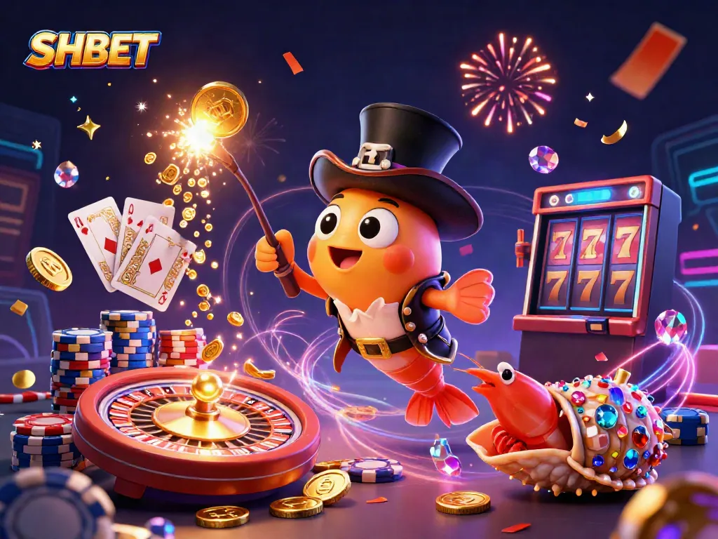 Engage with SHBET's exciting gaming world featuring vibrant casino elements and colorful characters.