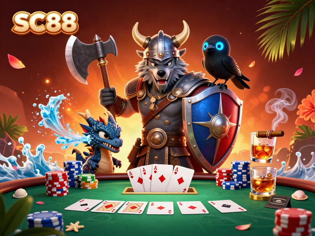 Bộ sưu tập trò chơi SC88 với chiến binh sói Viking và rồng trong khung cảnh sôi động.