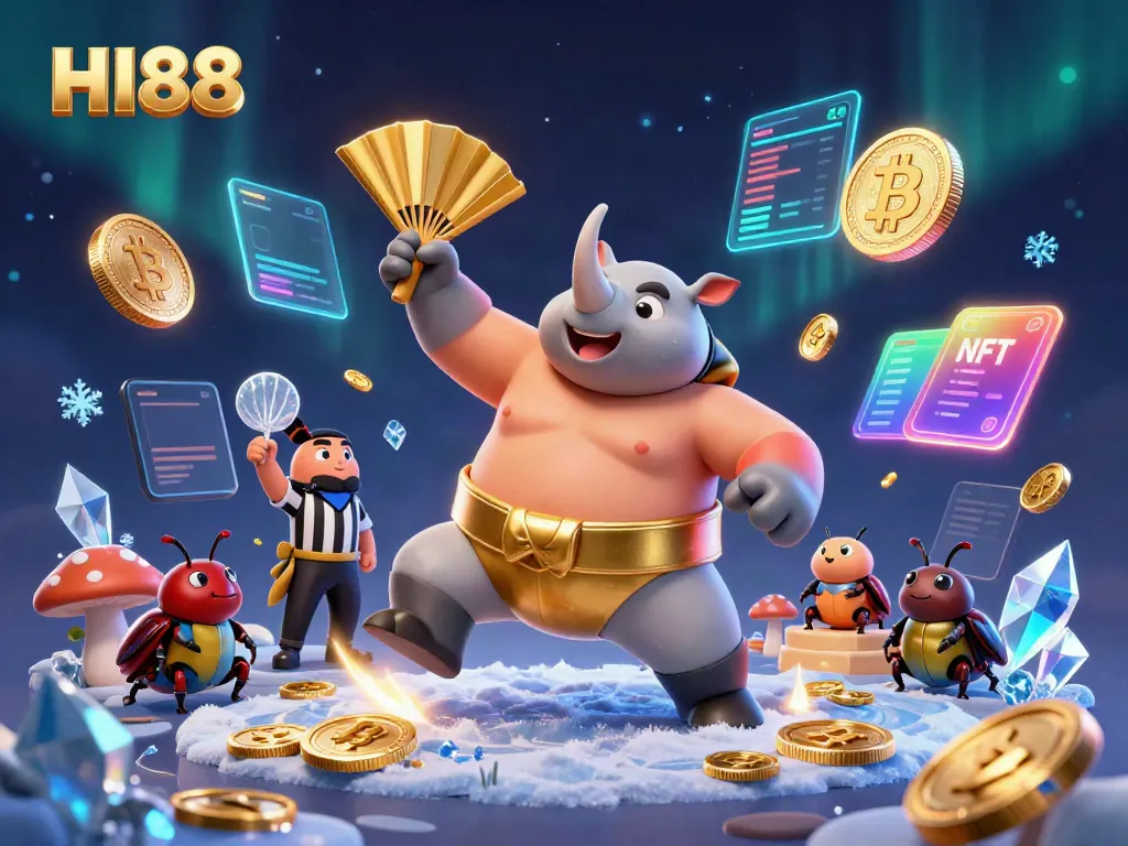 HI88 captivates players with vibrant 3D action featuring a beetle sumo champion belting golden coins in a dynamic casino scene.