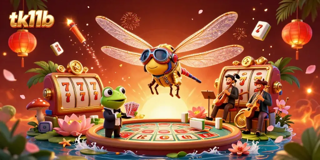 Engage with dynamic gaming at tk11b, featuring vibrant casino elements with a 3D dragonfly pilot and frog croupier.