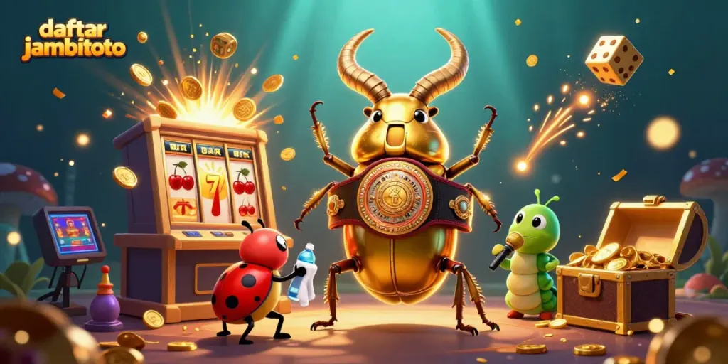 Experience excitement with daftar jambitoto as golden characters battle amid jackpots and slot machines.
