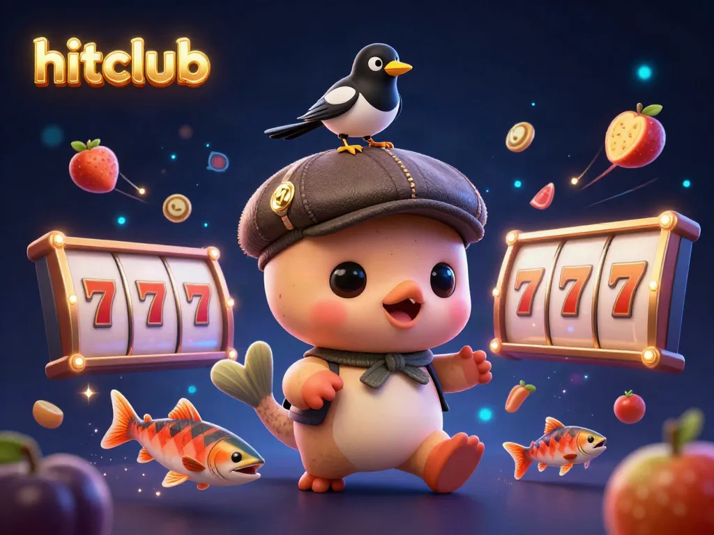 Join the fun at hitclub with baby Nessie and friends in this vibrant slot game action scene.