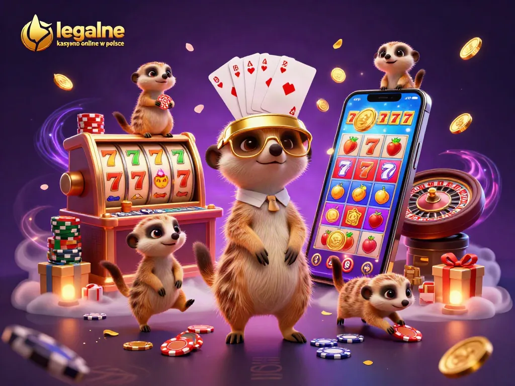 Action-packed scene of meerkats in a casino, illustrating legalne kasyno online w polsce with gaming excitement.