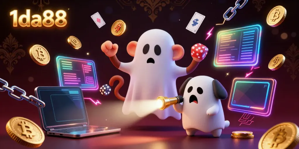Engage in thrilling gaming at 1da88 as a poltergeist monkey juggles golden prizes in a haunted casino.