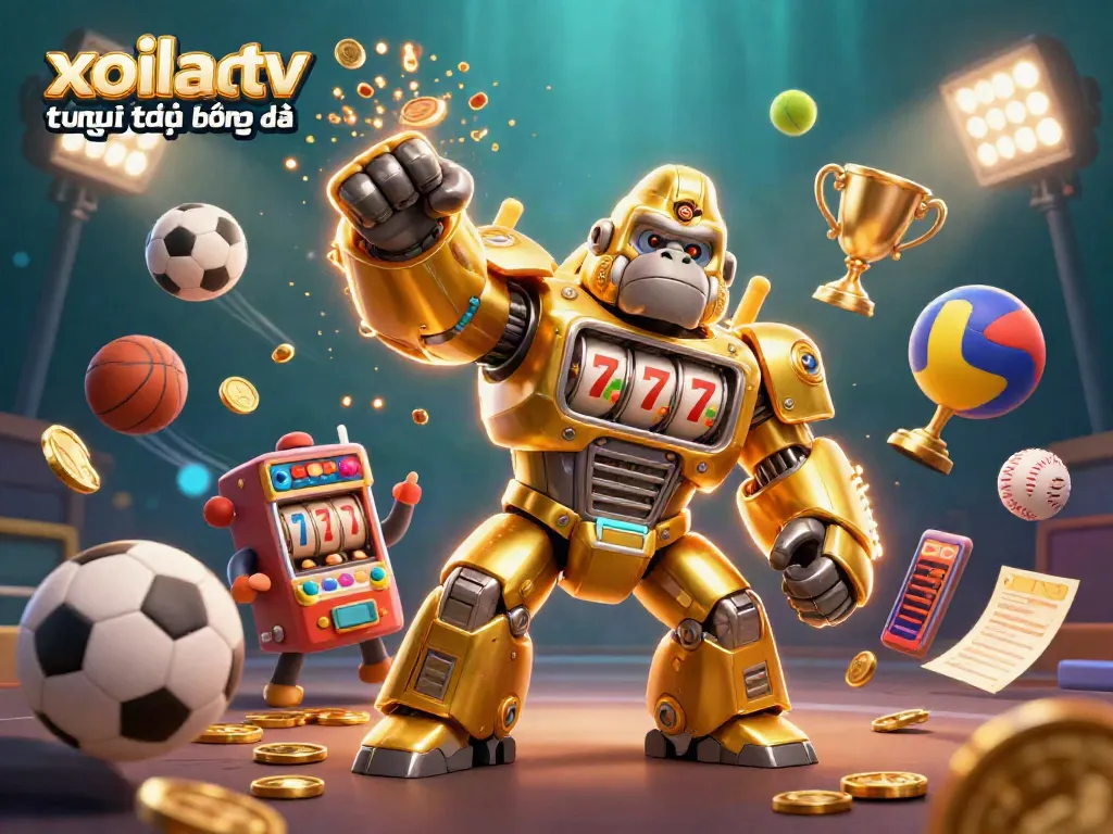 Xoilac TV trực tiếp bóng đá illustrated scene showcasing 3D characters with sports elements and dynamic visual interest.