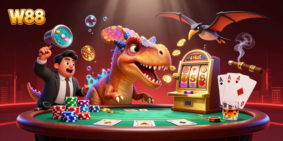W88 casino scene with a dinosaur hitting a slot machine and a manager in panic as coins fly.