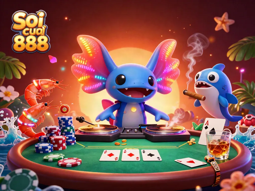Soi cầu 888 party scene with a neon axolotl DJ, shrimp dancers, poker elements.