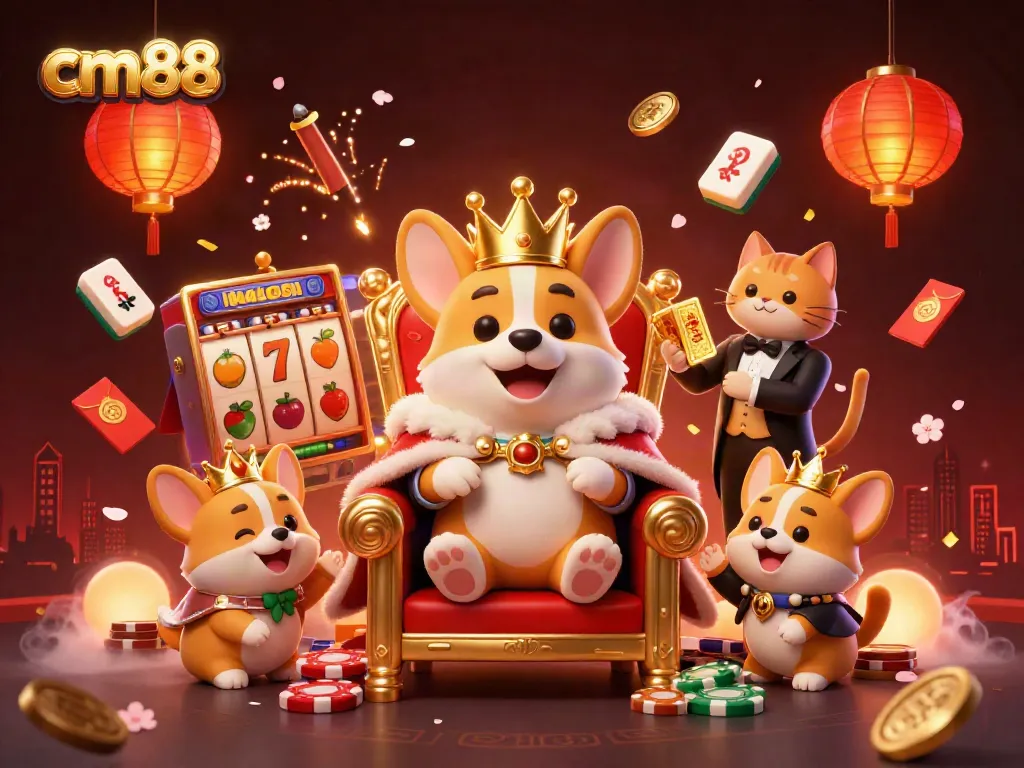 Experience thrilling gameplay with cm88's royal corgi surrounded by vibrant casino elements and dynamic gold details.