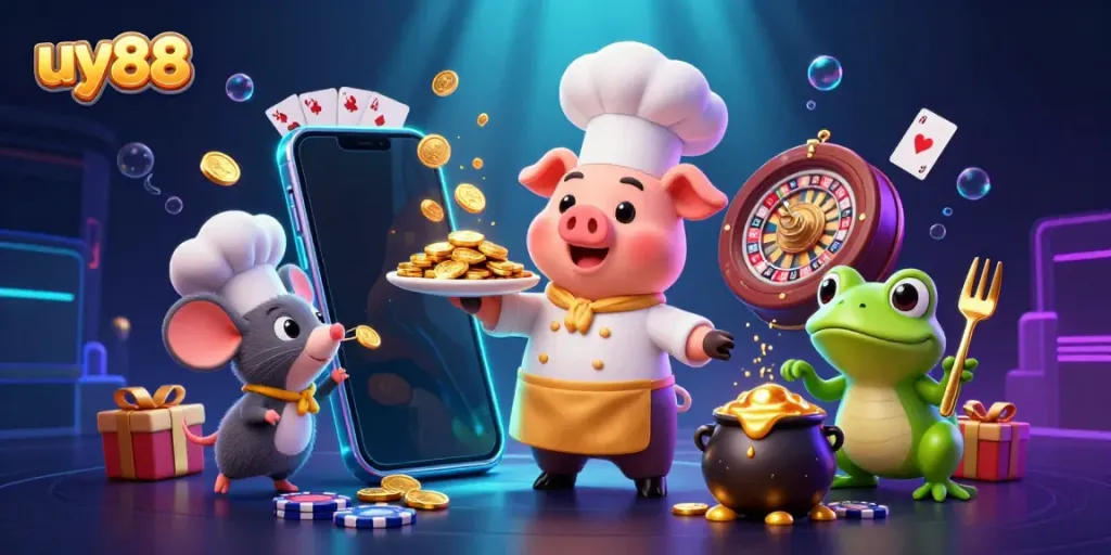Experience excitement at uy88 with a pig chef serving gold coins culinary delight amidst vibrant casino games