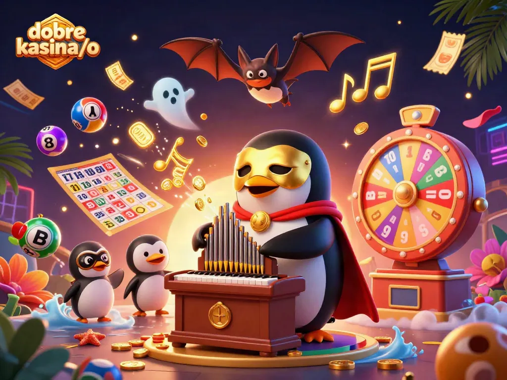 Dive into the dynamic world of dobre kasyna/o as a penguin plays golden notes and lottery balls bounce around.