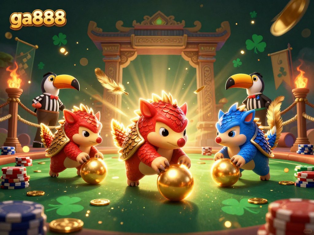 Engage in thrilling gameplay with ga888 as pangolins bowl through poker chips in a vibrant casino scene.