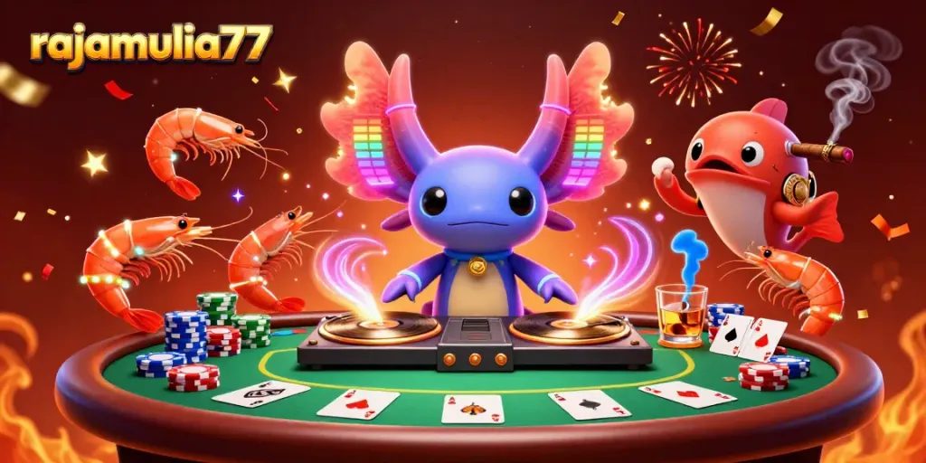 Permainan slot di RAJAMULIA77 menghadirkan figur ceria, DJ axolotl neon dan teman-temannya saat berpesta dengan semarak.