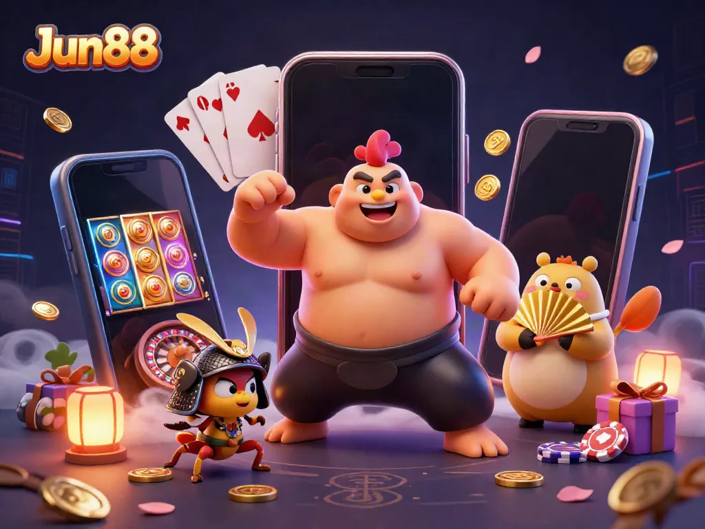Experience thrilling entertainment with Jun88 in this dynamic casino illustration showcasing vibrant games and characters.