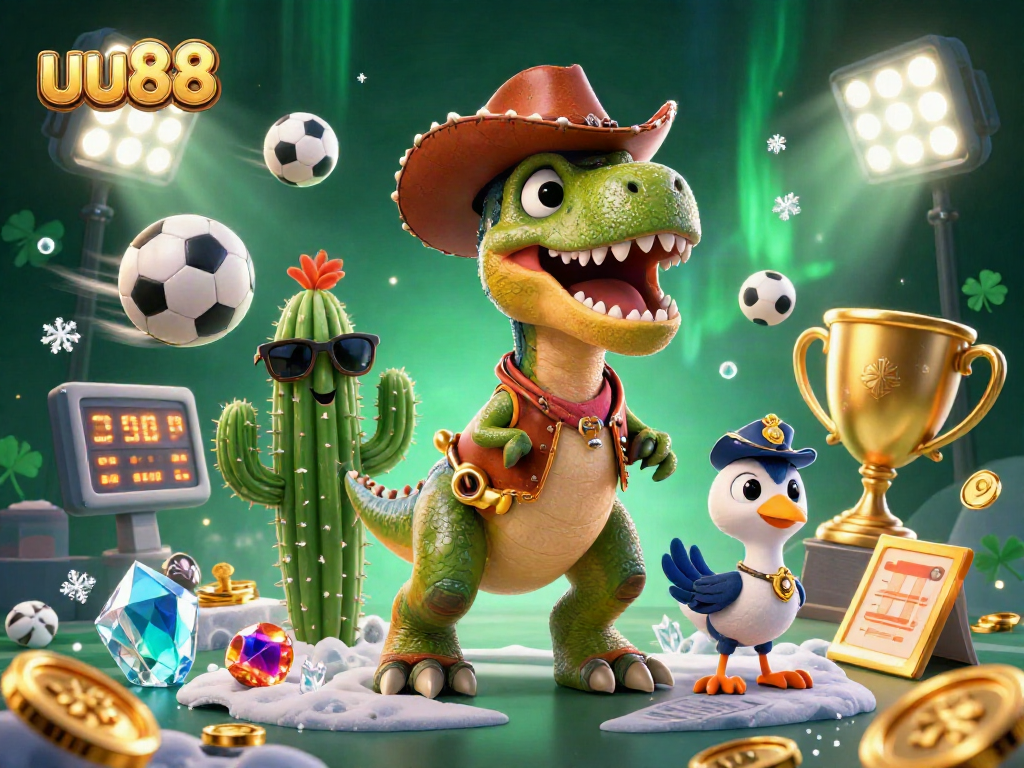 uu88 showcases a vibrant 3D scene of a cowboy dinosaur and friends, winning bets with sports excitement around them.