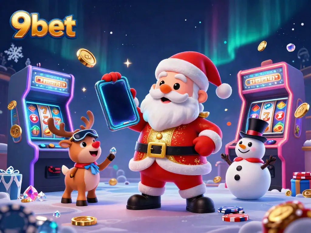 Experience thrilling jackpot slots with 9bet's Santa and his festive friends in a vibrant casino scene!
