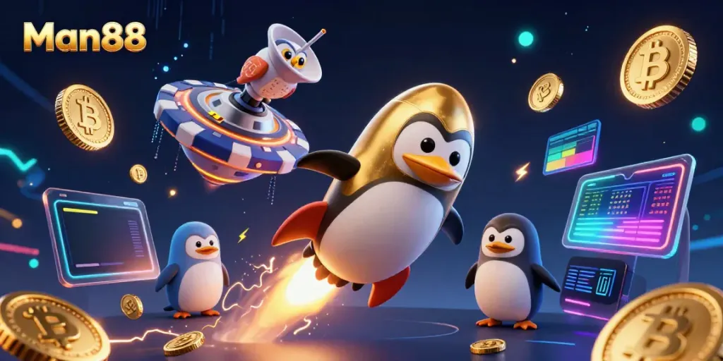 Engage with Man88's thrilling casino adventure, featuring a golden penguin and neon coins.