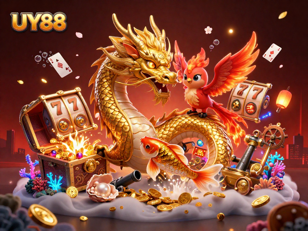 Engage with UY88's vibrant gaming adventure featuring a dragon, phoenix, and koi in a rich 3D scene.