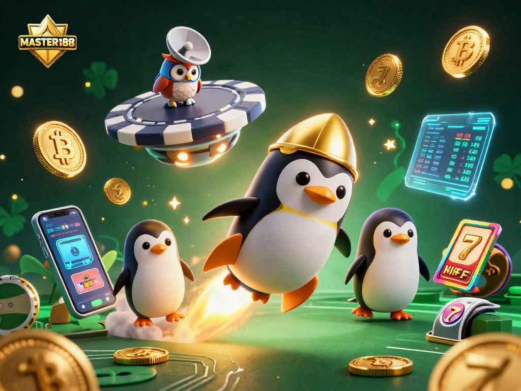Engage with MASTER188's vibrant 3D illustration of a golden penguin zooming towards a poker chip casino.