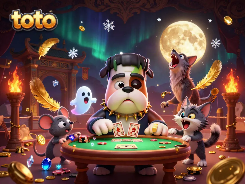 Engaging action with a Frankenstein bulldog and werewolf kitten, while playing cards representing toto gambling.