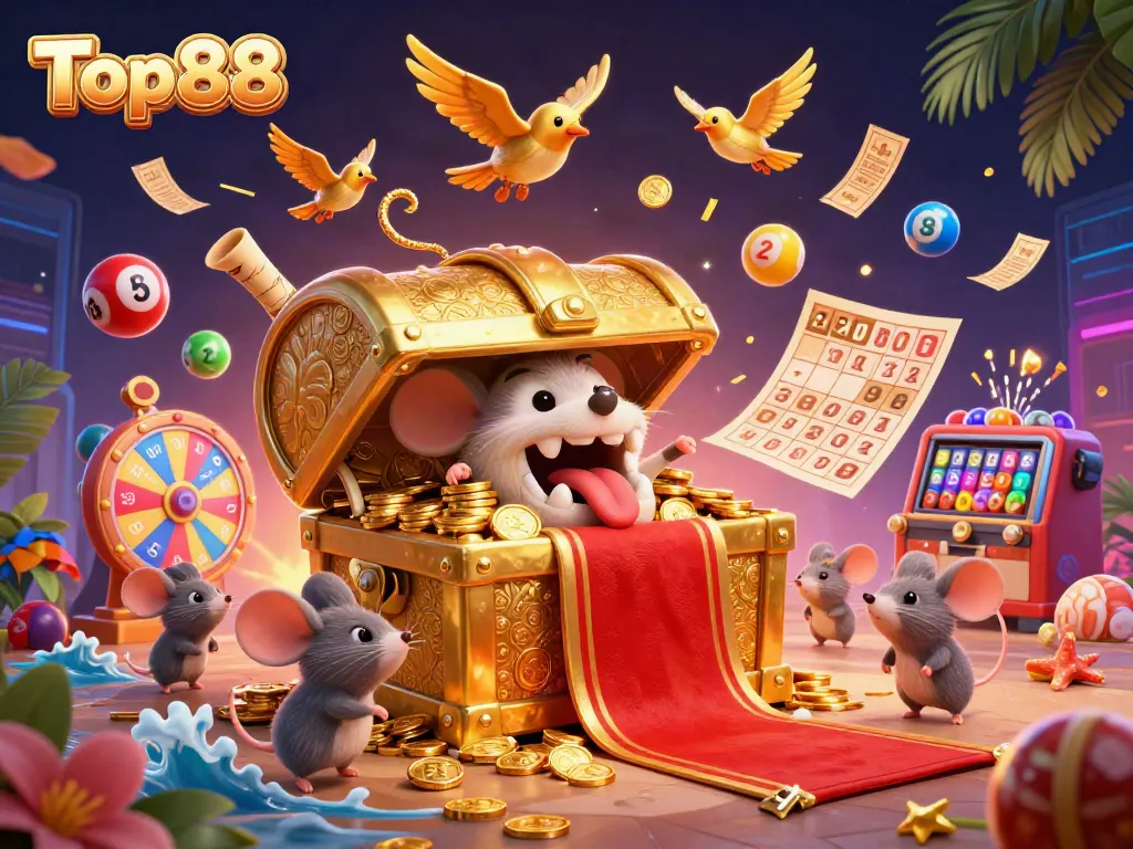 Engage in the exciting realm of Top88 with dynamic lottery elements and vibrant colorful treasures.