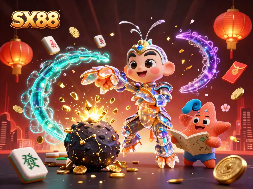 SX88 casino adventure with a vibrant galactic shrimp and starfish in a dynamic gambling setting.