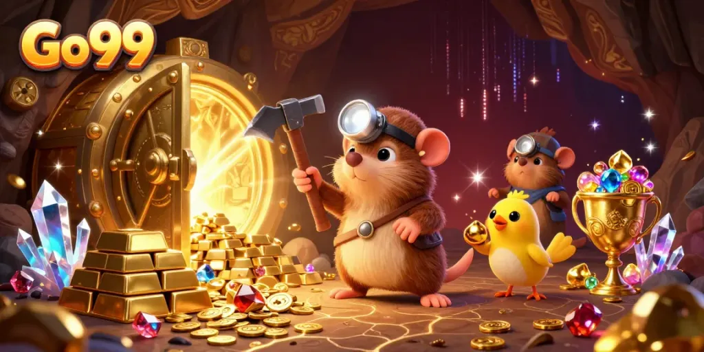 Engage in an exciting treasure hunt at Go 99, where a cartoon mole and canary seek riches amidst glowing gems.