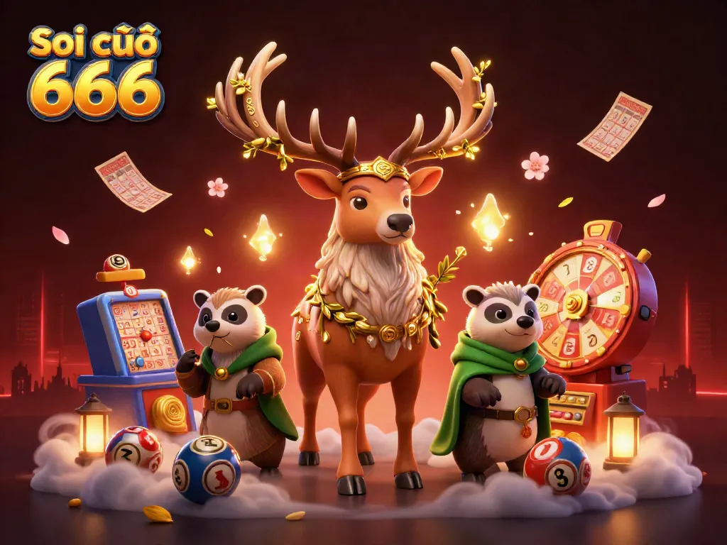 Soi cầu 666 showcases a magical scene with a Celtic stag and a wise badger among lottery elements, emphasizing community gaming.