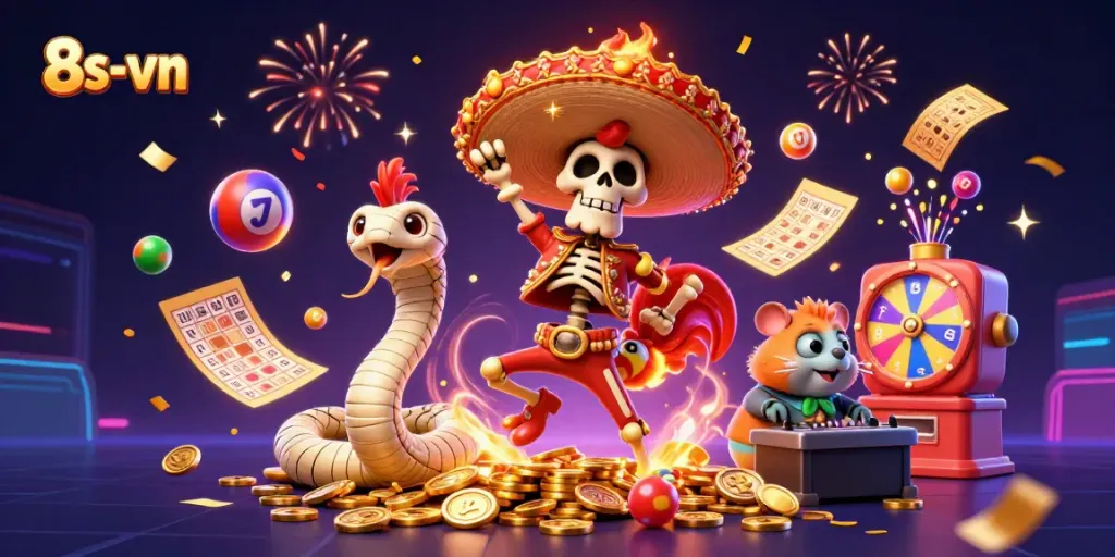 Experience vibrant casino excitement with 8s-vn as lucky characters celebrate a jackpot.