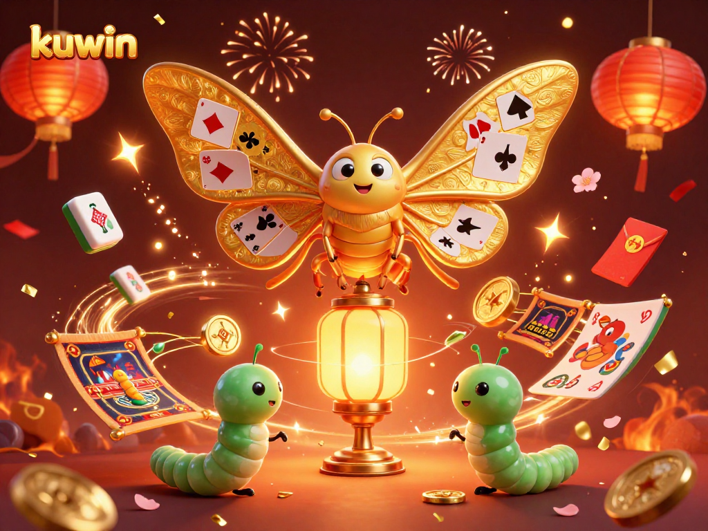 Kuwin's vibrant casino scene illuminated by a majestic moth with golden wings, symbolizing luck and fortune.