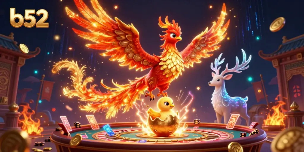 Win big at b52 with a vibrant scene featuring a phoenix and dynamic casino elements.