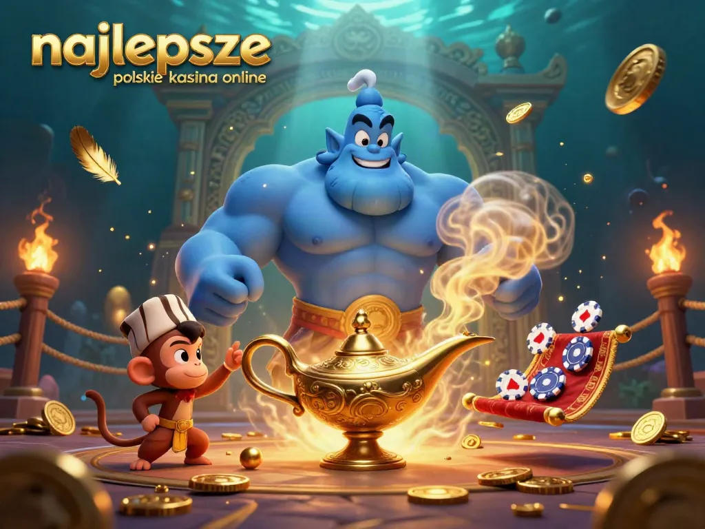 Engage in thrilling gameplay at najlepsze polskie kasyna online featuring animated genie and poker chips.