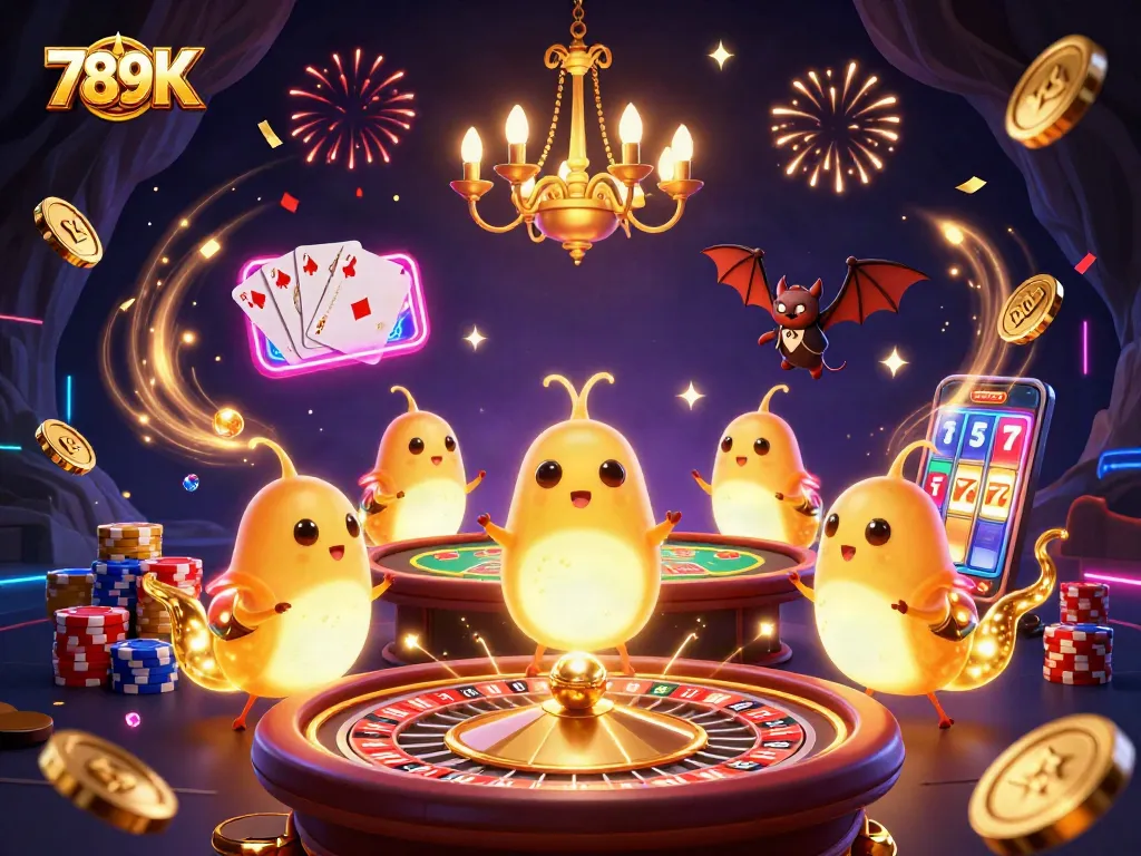 Experience luminous 789K casino excitement with dynamic glowworms lighting up games in a vibrant scene.