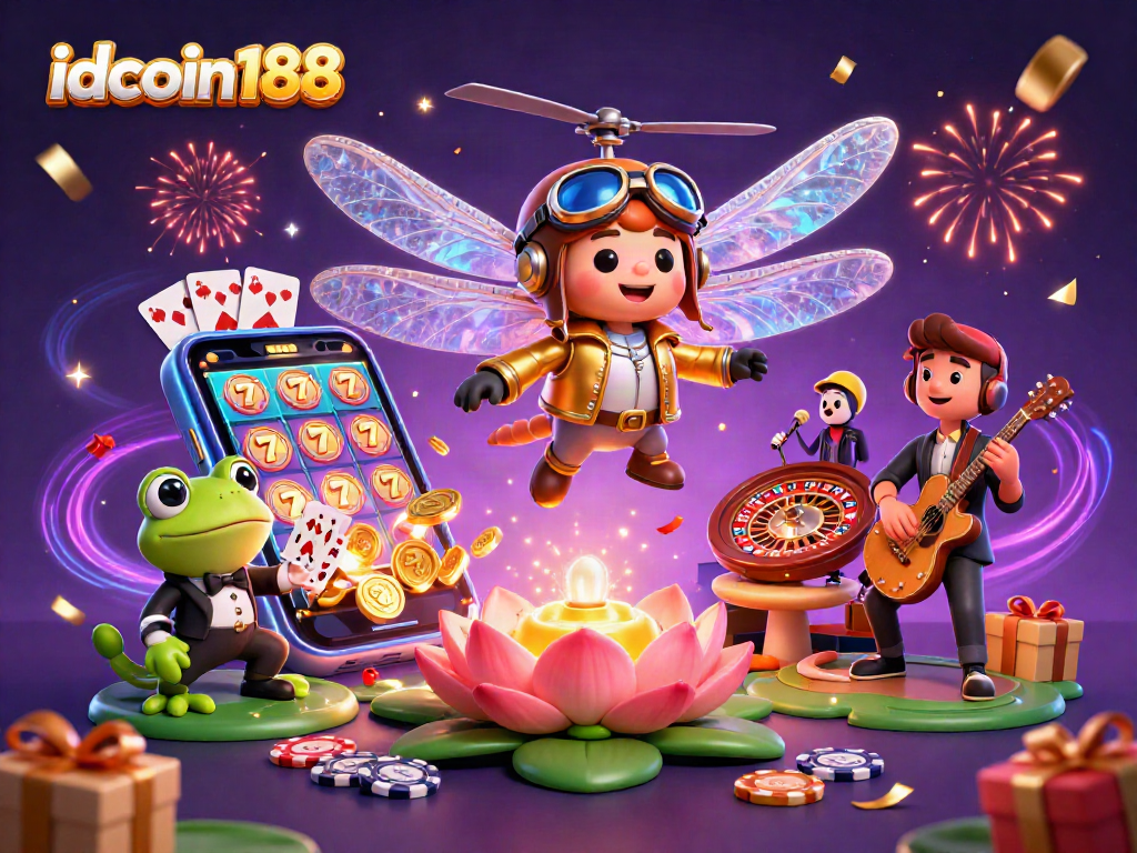 Engaging scene with idcoin188 featuring a dragonfly pilot at a casino, cards being dealt, and jazz musicians.