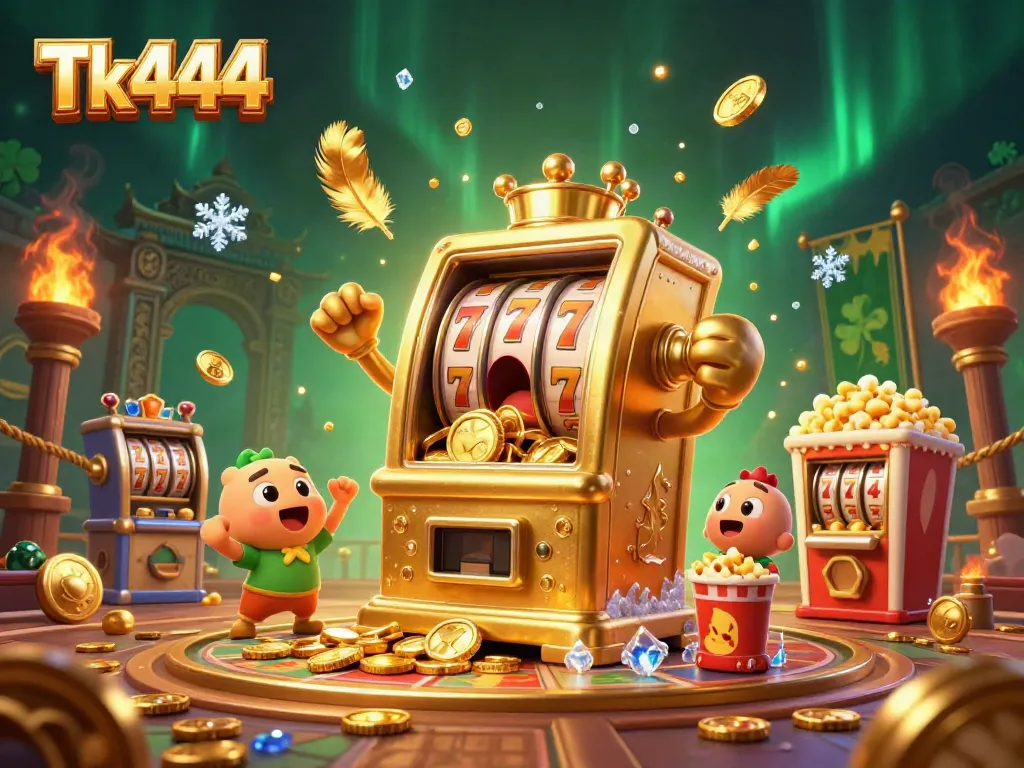 Experience thrilling wins at Tk444 slots with dynamic golden slot machines celebrating as coins pour out.