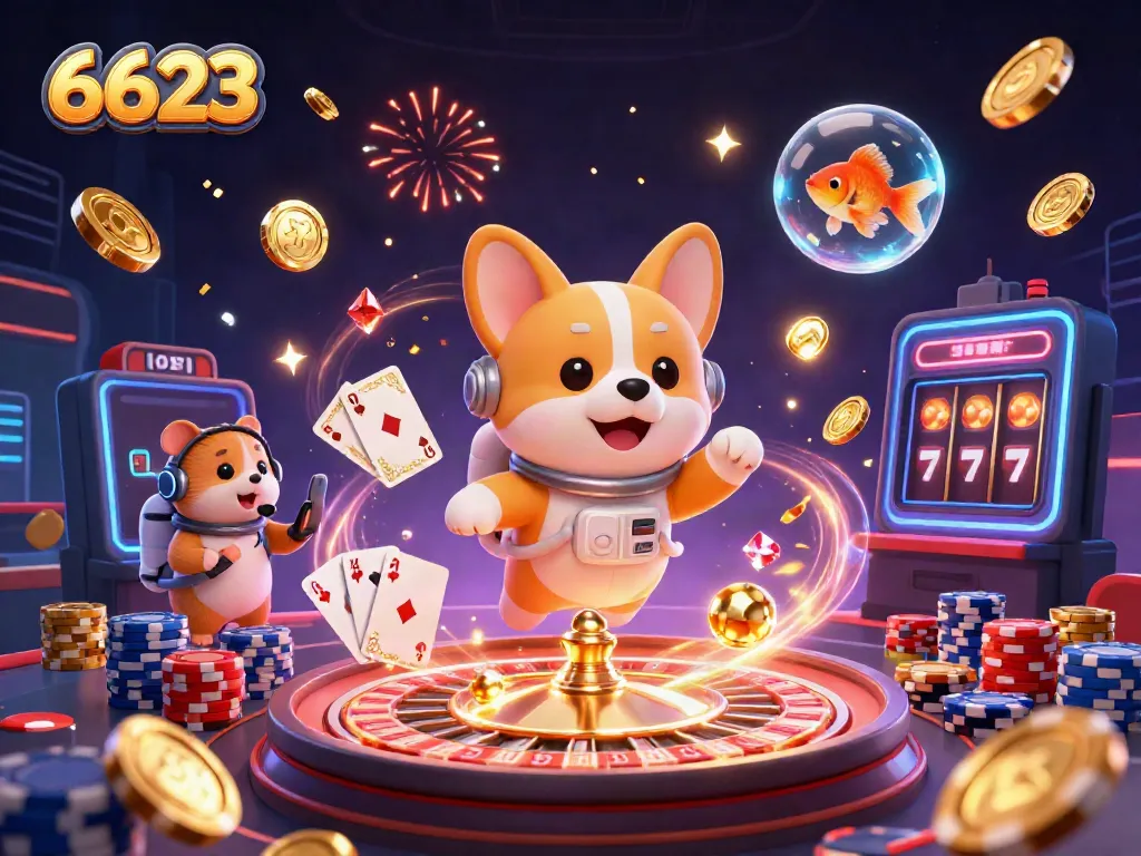 Experience the electrifying atmosphere of 6623's space casino with a vibrant corgi astronaut and dynamic gaming elements.