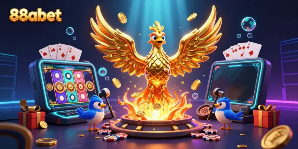 Experience the magic of 88abet with a golden phoenix and vibrant casino elements in a dynamic 3D scene.