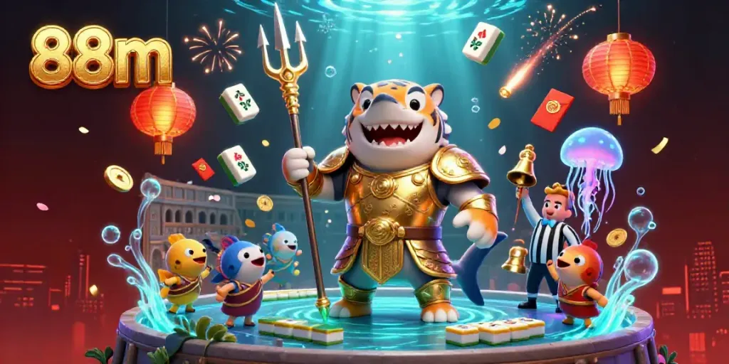 Engage with the dynamic 88m underwater colosseum featuring a golden gladiator tiger shark, vibrant casino elements.